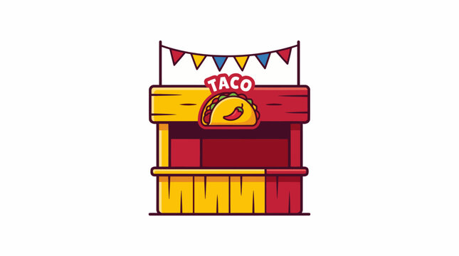 Colorful Taco Stand with Festive Bunting and Chili Pepper Icon.