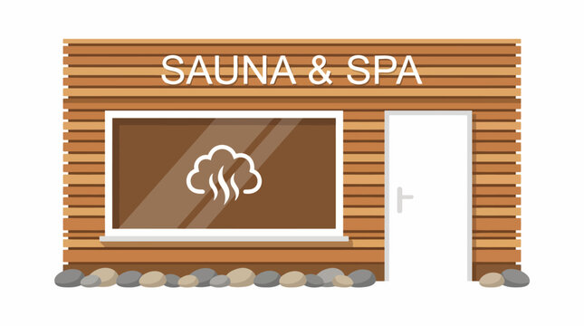 Exterior view of a wooden sauna and spa building with a sign and a door.