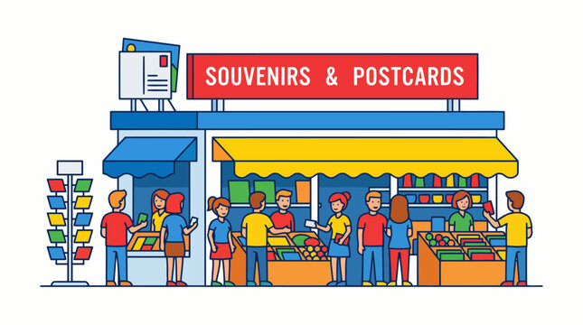 Busy Souvenir and Postcard Shop with Customers Browsing Goods.