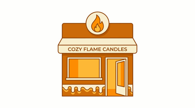 Cozy Flame Candles Shop Facade with Open Door and Flame Logo.