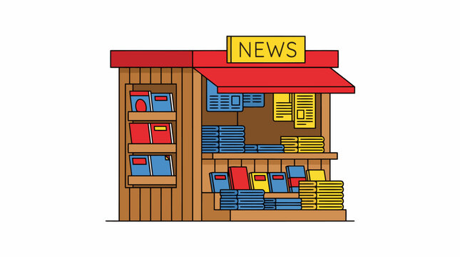 Illustration of a wooden newsstand with various publications displayed for sale.