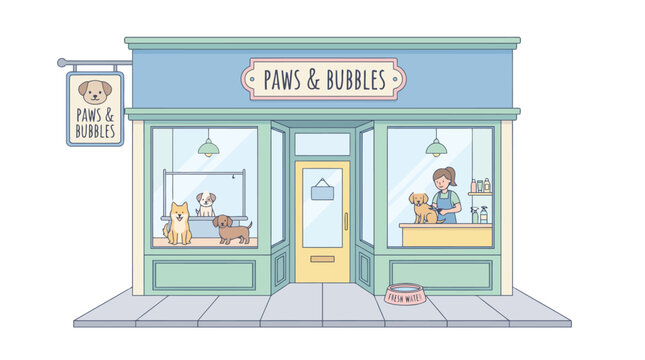 Charming Pet Grooming Salon Exterior with Paws  Bubbles Signage.