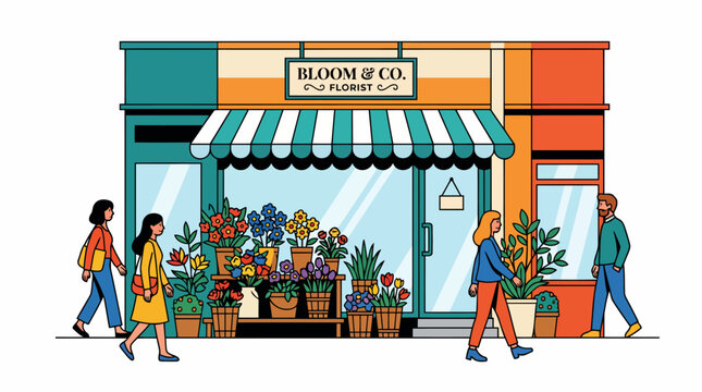 Charming flower shop storefront with people walking by on a sunny day.