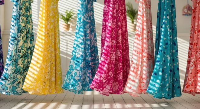 Brightly Patterned Dresses and Skirts Hanging on Display, Showcasing Colorful Textile Designs for Fashion
