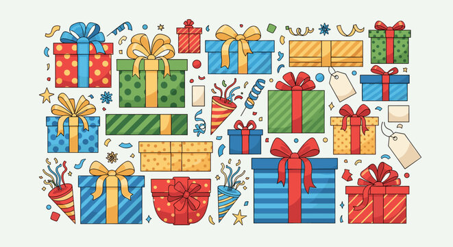 A vibrant collection of colorful gift boxes and party poppers, adorned with ribbons and confetti, suggesting celebration and special occasions.