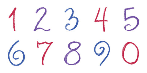 Fototapeta premium Hand drawn colorful numbers 1 2 3 4 5 6 7 8 9 0 Stylish brush painted numbers with crayon texture Count, math, kids education