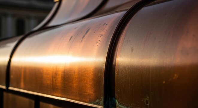 Close-up texture of aged copper cladding with natural patina, showcasing warm metallic tones and weathering effects.
