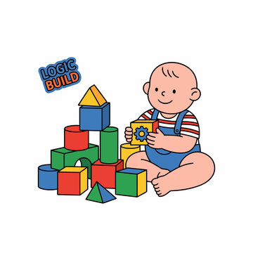 Cute baby boy playing with colorful building blocks developing logic and creativity.