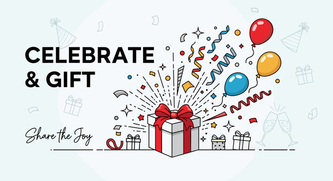 Celebrate and Gift: A vibrant illustration of a gift box exploding with confetti, balloons, and streamers, symbolizing joy and celebration.