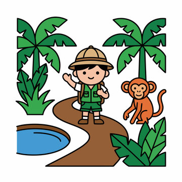 Cute cartoon explorer boy with monkey in jungle adventure.