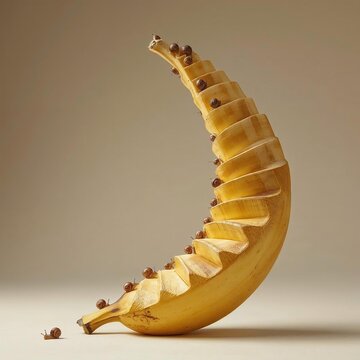 Whimsical and surreal culinary art featuring a banana meticulously sliced and reassembled into a captivating spiral staircase, adorned with tiny, charming chocolate accents