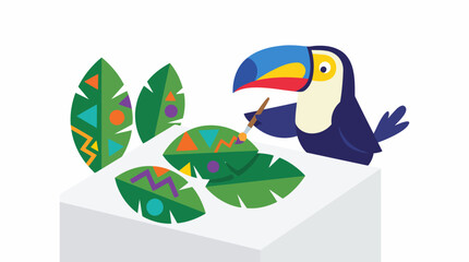 Naklejka premium Toucan painting colorful patterns on tropical leaves in a creative art studio setting.