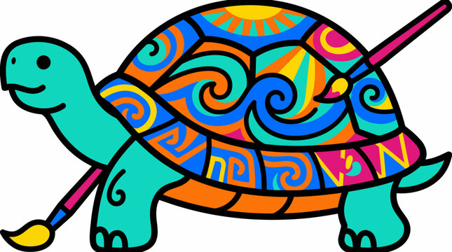 Colorful Turtle with Paintbrush Illustration.