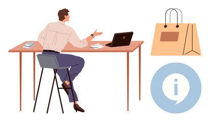 Fototapeta premium E-commerce, online shopping, business communication, remote work, digital transactions, customer service. Man at desk with laptop near shopping bag and information symbol. E-commerce and online