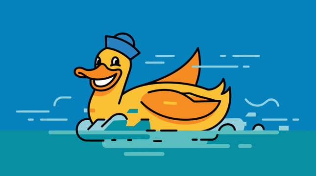 Cute cartoon rubber duck wearing a sailor hat floating in blue water.