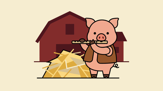 Cute cartoon pig playing flute in front of a barn with hay bale.