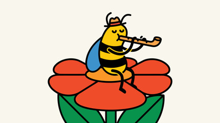 Obraz premium Cartoon bee wearing a hat playing a flute while sitting on a flower.