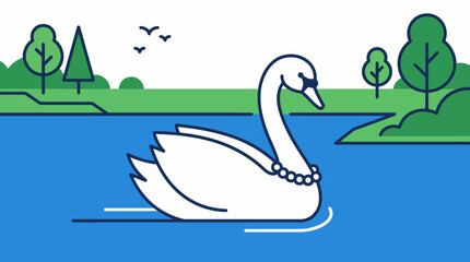 Fototapeta premium Elegant white swan swimming peacefully on a calm blue lake with a scenic green landscape background.