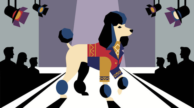 Stylish Poodle on Fashion Runway Under Spotlight with Audience Silhouettes.