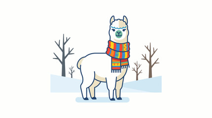 Obraz premium Cute cartoon alpaca wearing a colorful scarf in a snowy winter landscape.