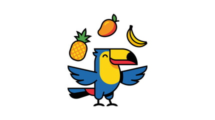 Naklejka premium Cute cartoon toucan bird with tropical fruits like pineapple mango and banana.