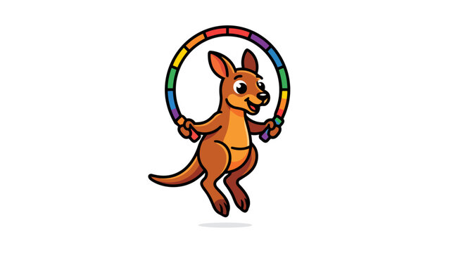 Cute cartoon kangaroo jumping rope with a rainbow hoop.