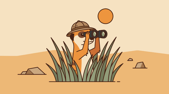 Cartoon meerkat wearing a safari hat and binoculars looking out from tall grass in a desert landscape under the sun.