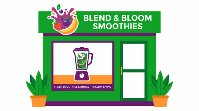 Blend  Bloom Smoothies Shop Front with Fresh Fruit and Blender Illustration.