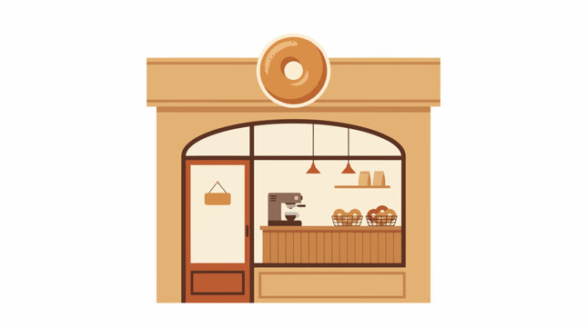 Charming Donut Shop Facade with Arched Window and Sign.