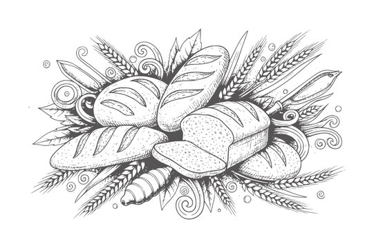 Hand drawn assortment of baked bread loaves and wheat stalks loaf