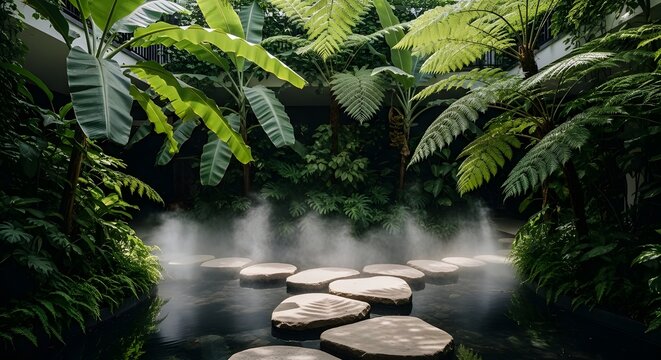 Mystical tropical garden featuring stone stepping path over water with morning mist and lush green ferns.
