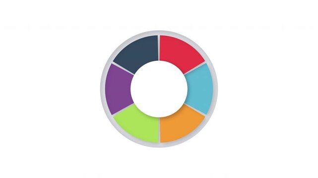 Animated 6 segment donut chart reveal with colorful sections and copy space on white background. Ideal for pie chart infographics and presentations. 4K.