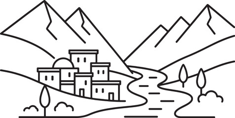 Afghanistan Mountain Village River Valley Icon Minimalist Line Art Vector Adobe UI Style Rural Landscape Monochrome SVG Illustration.eps © Bui