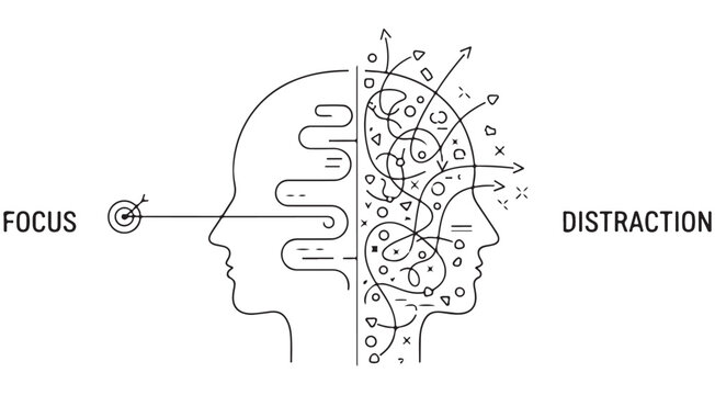 Focus vs distraction conceptual line art vector illustration of human head profiles isolated on white background