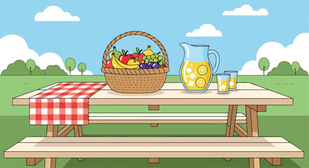 Obraz premium A picnic scene with a table, fruit basket, and drinks