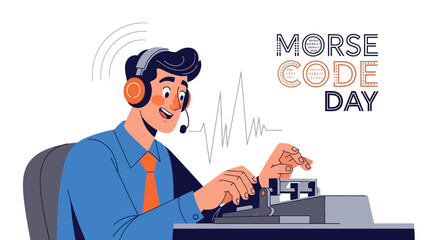 On Morse Code Day, a cheerful radio operator wearing headphones types a coded message on a vintage telegraph machine with dot dash signals in a flat vector illustration against a clean © suparta