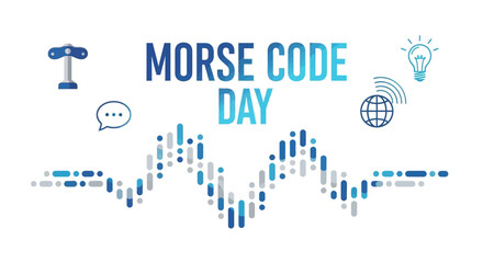 A vector illustration announcing Morse Code Day features a central waveform graphic composed of blue dots and dashes, symbolizing telegraph signals against a clean white backdrop © suparta