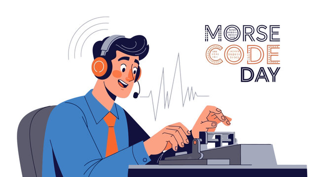 On Morse Code Day, a cheerful radio operator wearing headphones types a coded message on a vintage telegraph machine with dot dash signals in a flat vector illustration against a clean