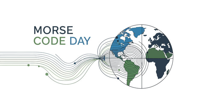 A stylized vector illustration celebrates Morse Code Day, depicting Earth with continents highlighted in blue and green, connected by flowing lines representing dot-dash signals