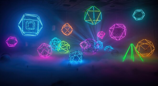 Abstract Neon Geometric Shapes Floating in Dark Nebula.