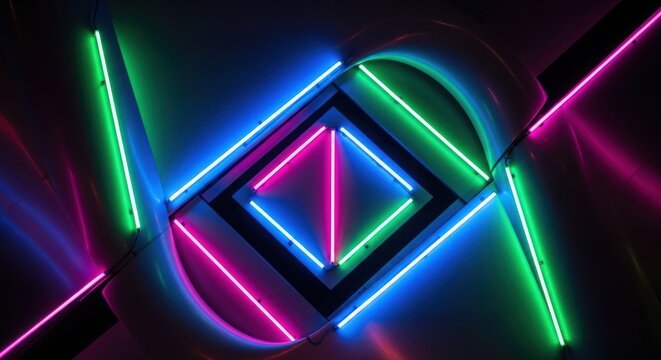 Abstract Neon Geometric Tunnel with Vibrant Blue and Pink Lights.