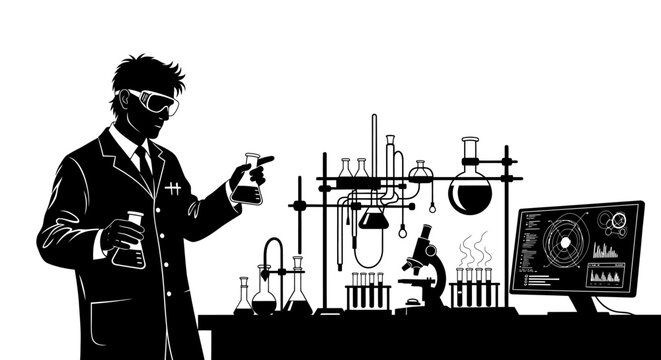 Man in lab coat working laboratory.