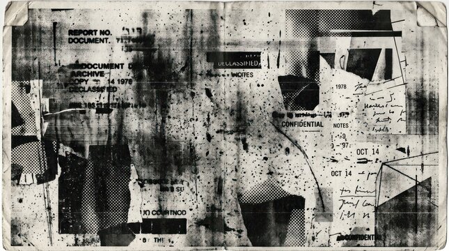 A heavily distressed, aged document is presented. The document appears to be a classified report, partially obscured by splatters, stains, and handwritten notes.