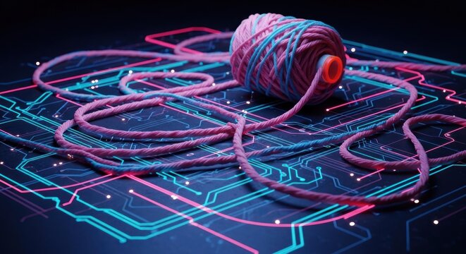 Abstract Representation of Digital Threads and Data Flow on a Circuit Board.