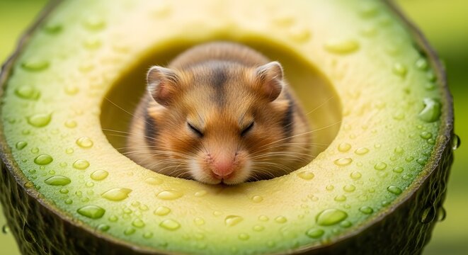 Cute hamster sleeping inside a fresh green avocado pit