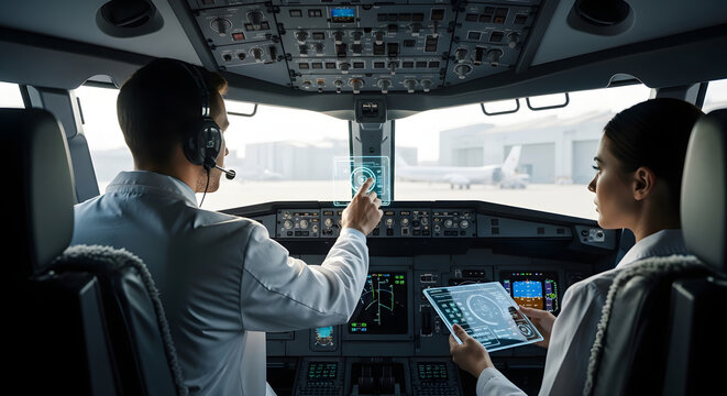 Future Aircraft Maintenance: Aerospace Engineers Testing Holographic Controls in High-Tech Jet Cockpit
