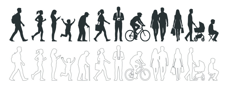 Variations of silhouettes of people of different ages, editable vector illustration. Woman, men, family, child and elderly person.