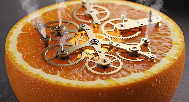 Steampunk brass gears rotating inside a fresh sliced orange
