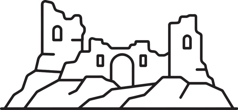 Afghanistan Ancient Ruins Icon Minimalist Line Art Vector Broken Fortress Walls Rocky Terrain Black Monochrome UI Design