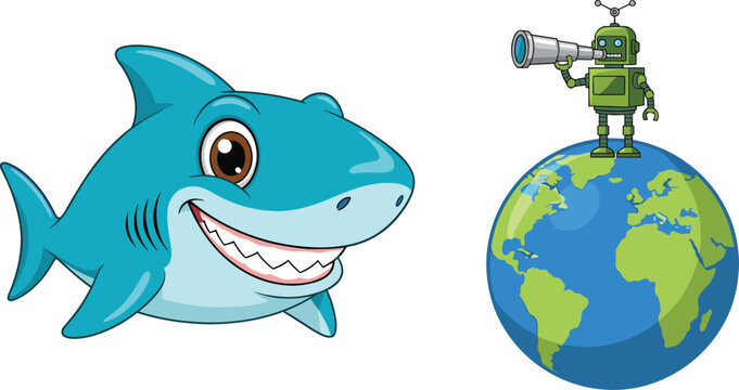 Cute smiling shark character and cartoon robot standing on globe with telescope, playful vector illustration combining ocean animal and futuristic exploration concept